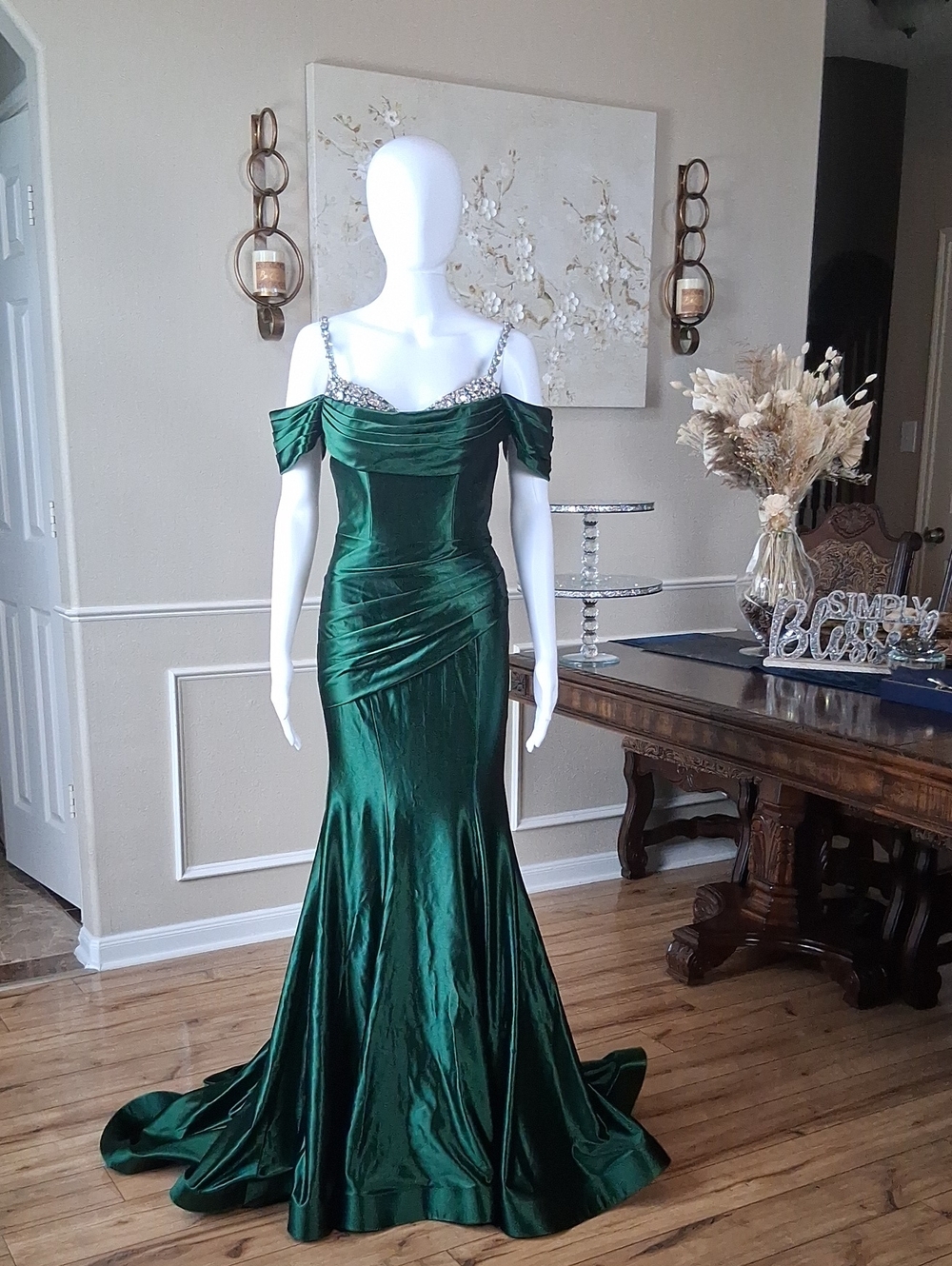 Women's Formal Glam Green Cowl Neck Sweep Train Gown Crystals Straps Small - Picture 8 of 16
